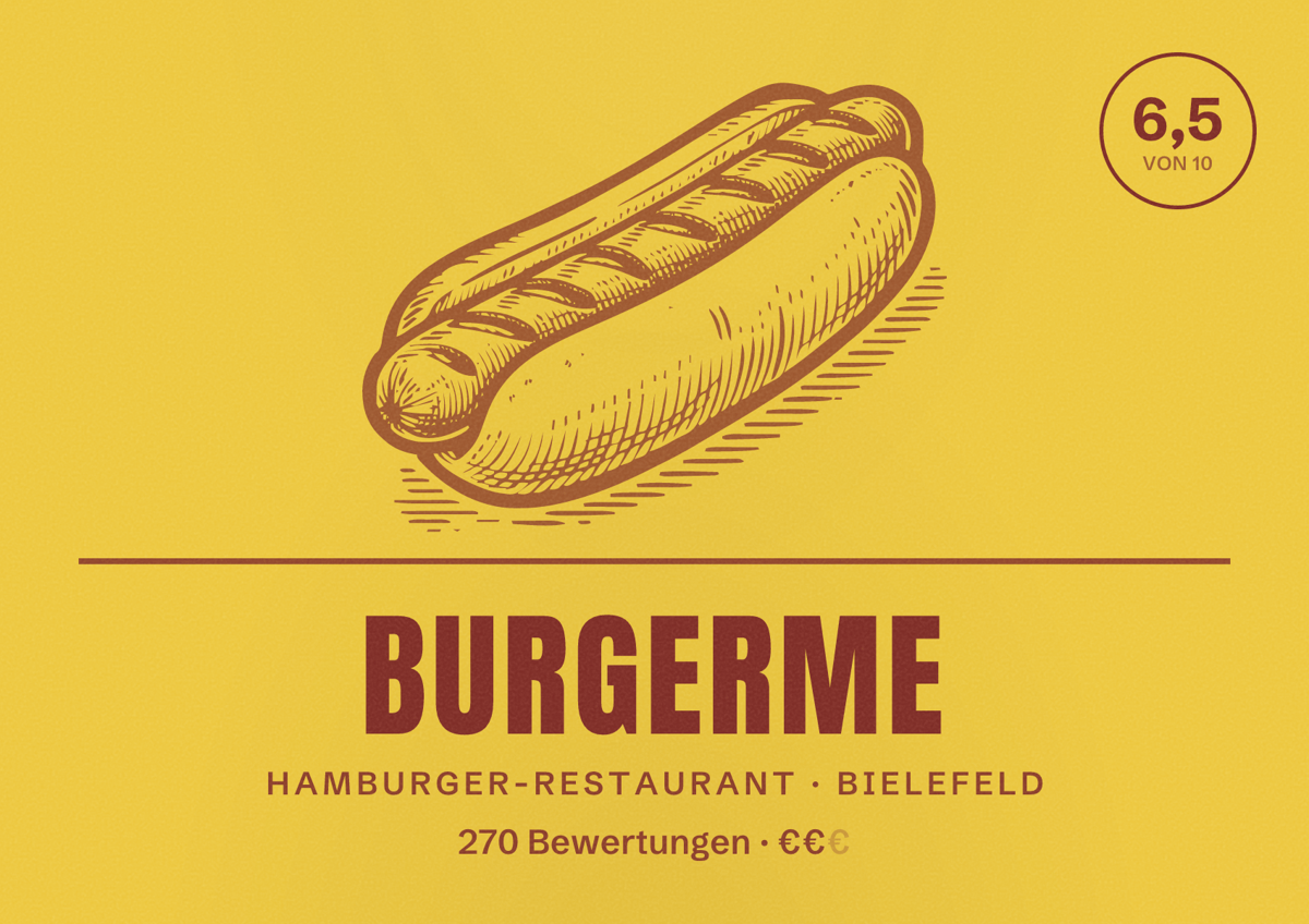 Illustriertes Poster von burgerme, Hamburger-Restaurant in Bielefeld: Bewertung 6,5 von 10 aus 270 Bewertungen, Preisniveau €€