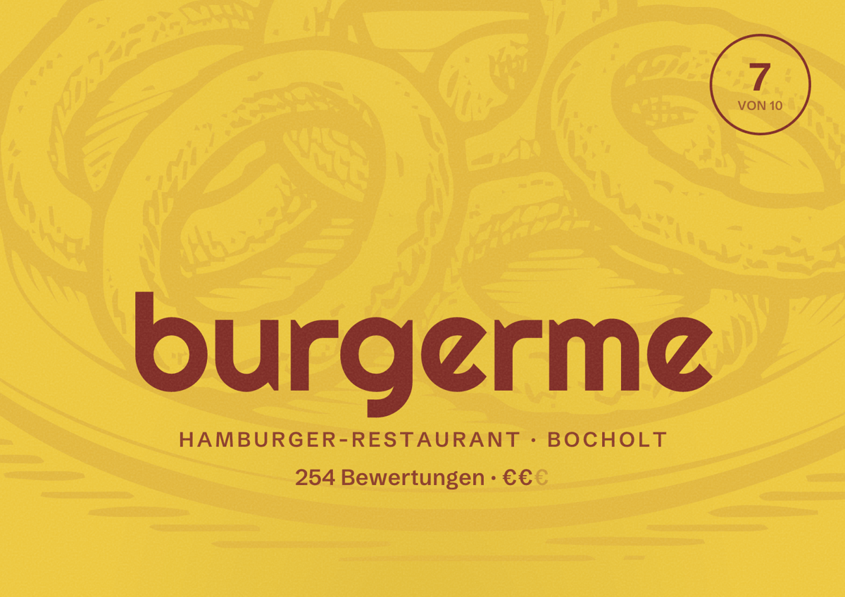 Illustriertes Poster von burgerme, Hamburger-Restaurant in Bocholt: Bewertung 7 von 10 aus 254 Bewertungen, Preisniveau €€