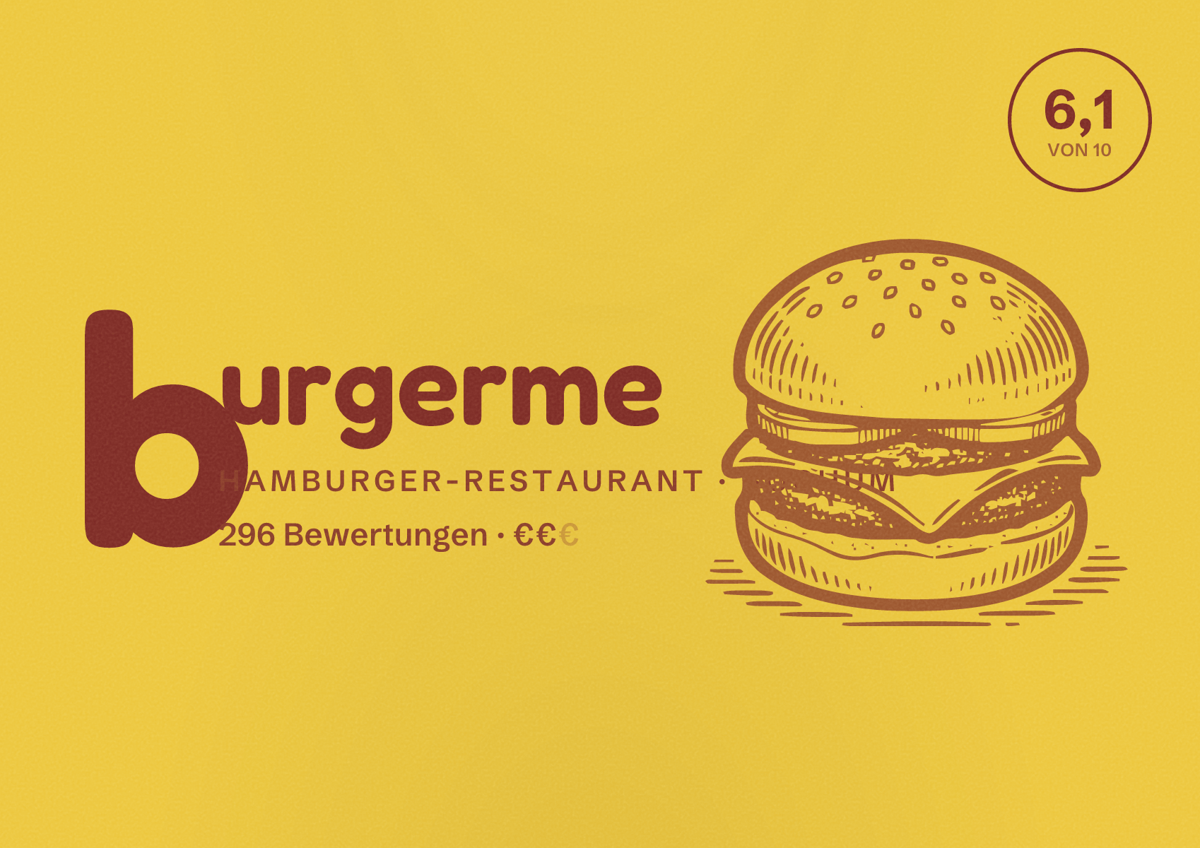 Illustriertes Poster von burgerme, Hamburger-Restaurant in Bochum: Bewertung 6,1 von 10 aus 296 Bewertungen, Preisniveau €€