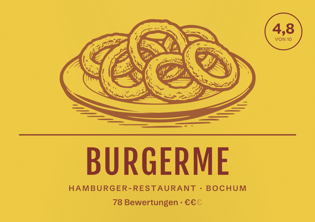 Illustriertes Poster von burgerme, Hamburger-Restaurant in Bochum: Bewertung 4,8 von 10 aus 78 Bewertungen, Preisniveau €€