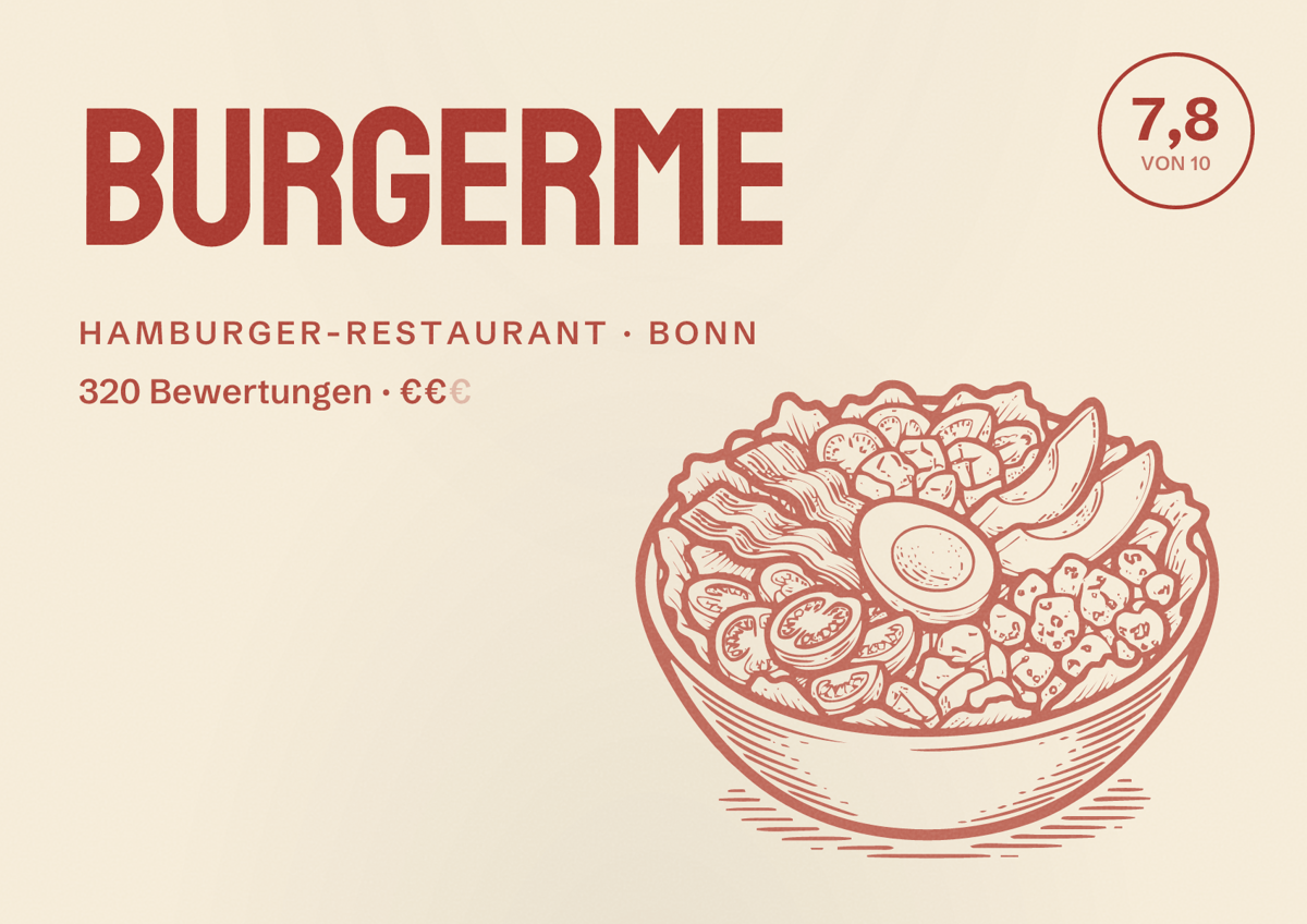 Illustriertes Poster von burgerme, Hamburger-Restaurant in Bonn: Bewertung 7,8 von 10 aus 320 Bewertungen, Preisniveau €€