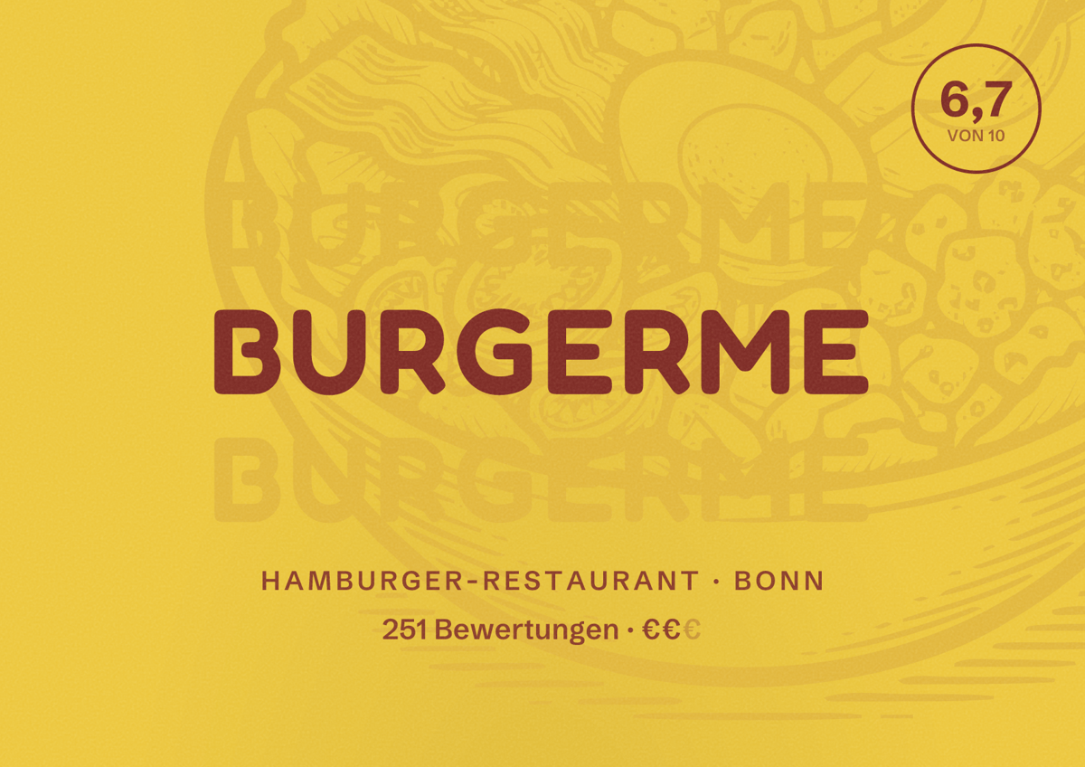 Illustriertes Poster von burgerme, Hamburger-Restaurant in Bonn: Bewertung 6,7 von 10 aus 251 Bewertungen, Preisniveau €€