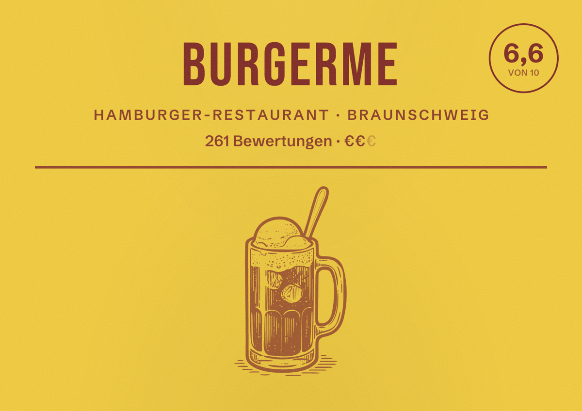 Illustriertes Poster von burgerme, Hamburger-Restaurant in Braunschweig: Bewertung 6,6 von 10 aus 261 Bewertungen, Preisniveau €€