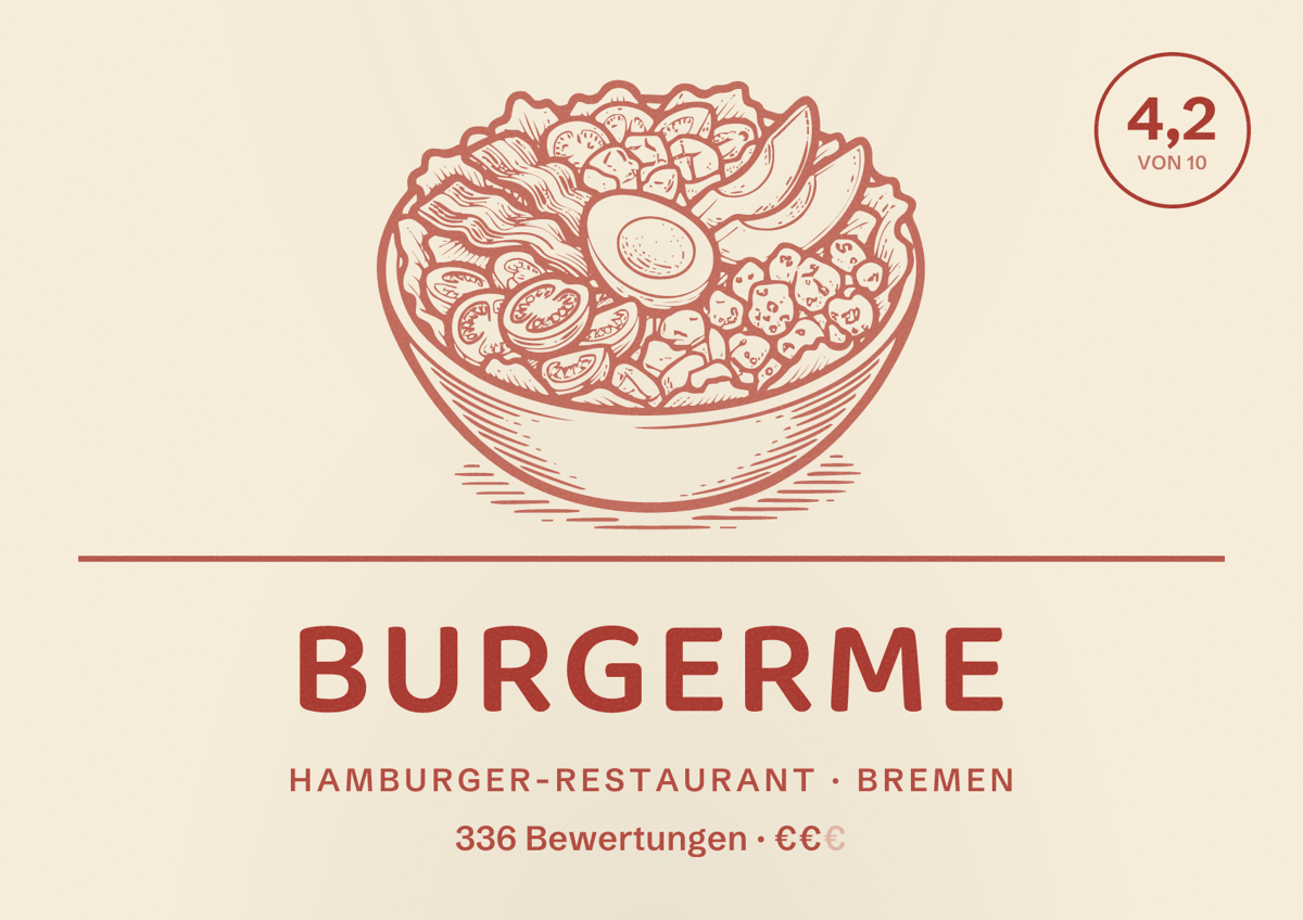 Illustriertes Poster von burgerme, Hamburger-Restaurant in Bremen: Bewertung 4,2 von 10 aus 336 Bewertungen, Preisniveau €€