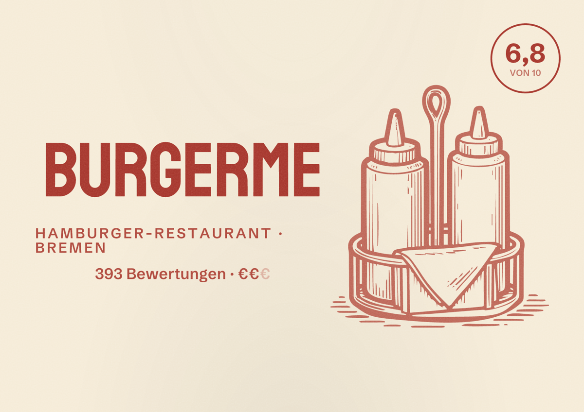 Illustriertes Poster von burgerme, Hamburger-Restaurant in Bremen: Bewertung 6,8 von 10 aus 393 Bewertungen, Preisniveau €€