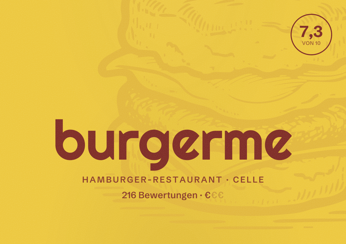 Illustriertes Poster von burgerme, Hamburger-Restaurant in Celle: Bewertung 7,3 von 10 aus 216 Bewertungen, Preisniveau €