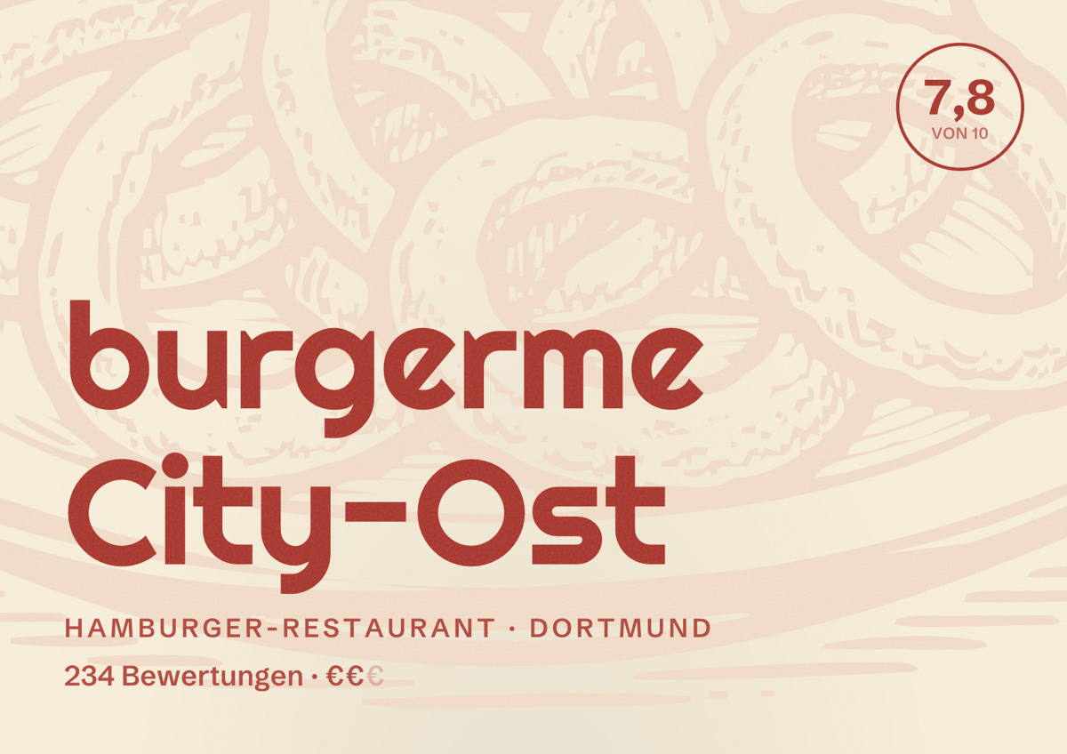 Illustriertes Poster von burgerme City-Ost, Hamburger-Restaurant in Dortmund: Bewertung 7,8 von 10 aus 234 Bewertungen, Preisniveau €€