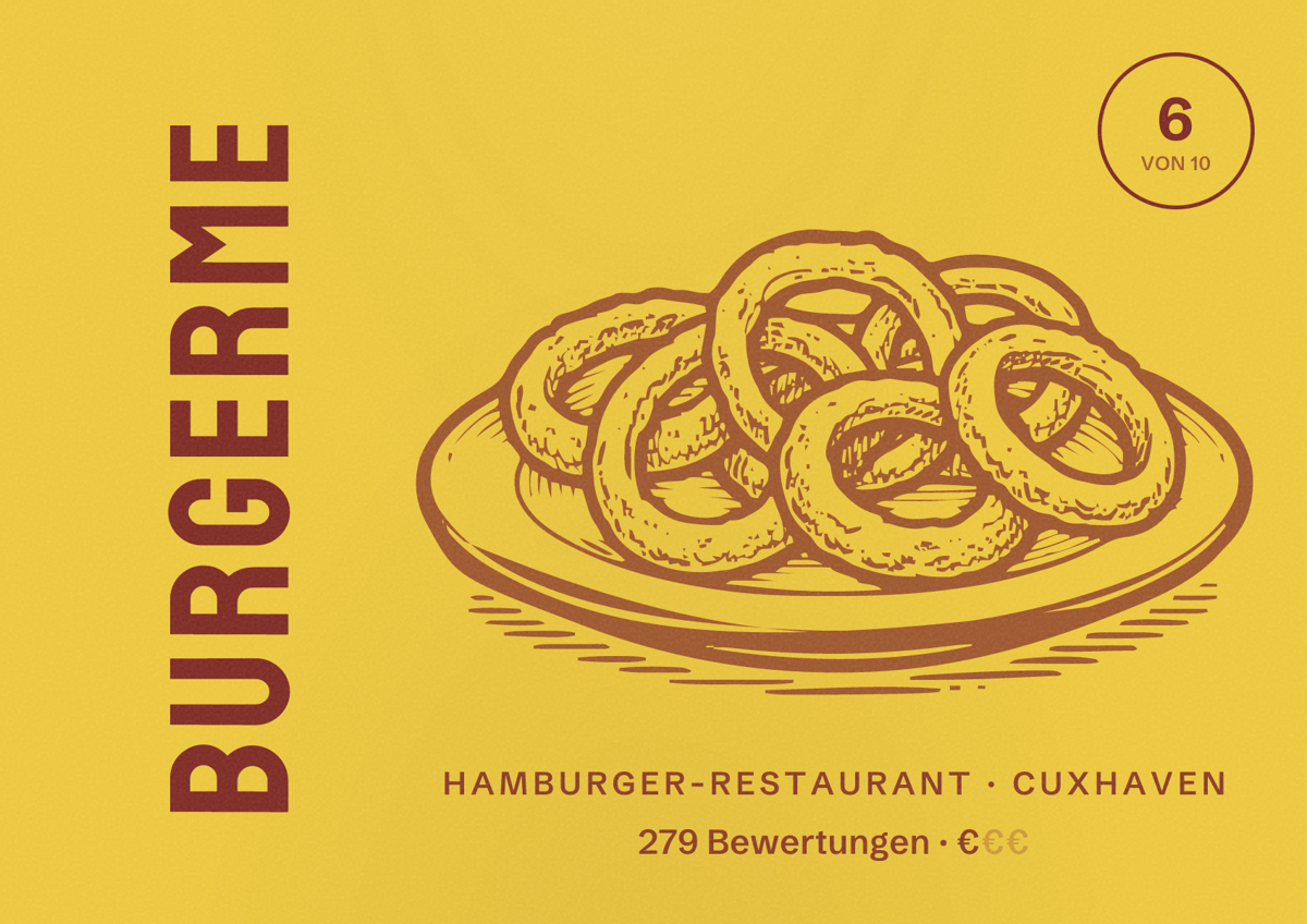 Illustriertes Poster von burgerme, Hamburger-Restaurant in Cuxhaven: Bewertung 6 von 10 aus 279 Bewertungen, Preisniveau €