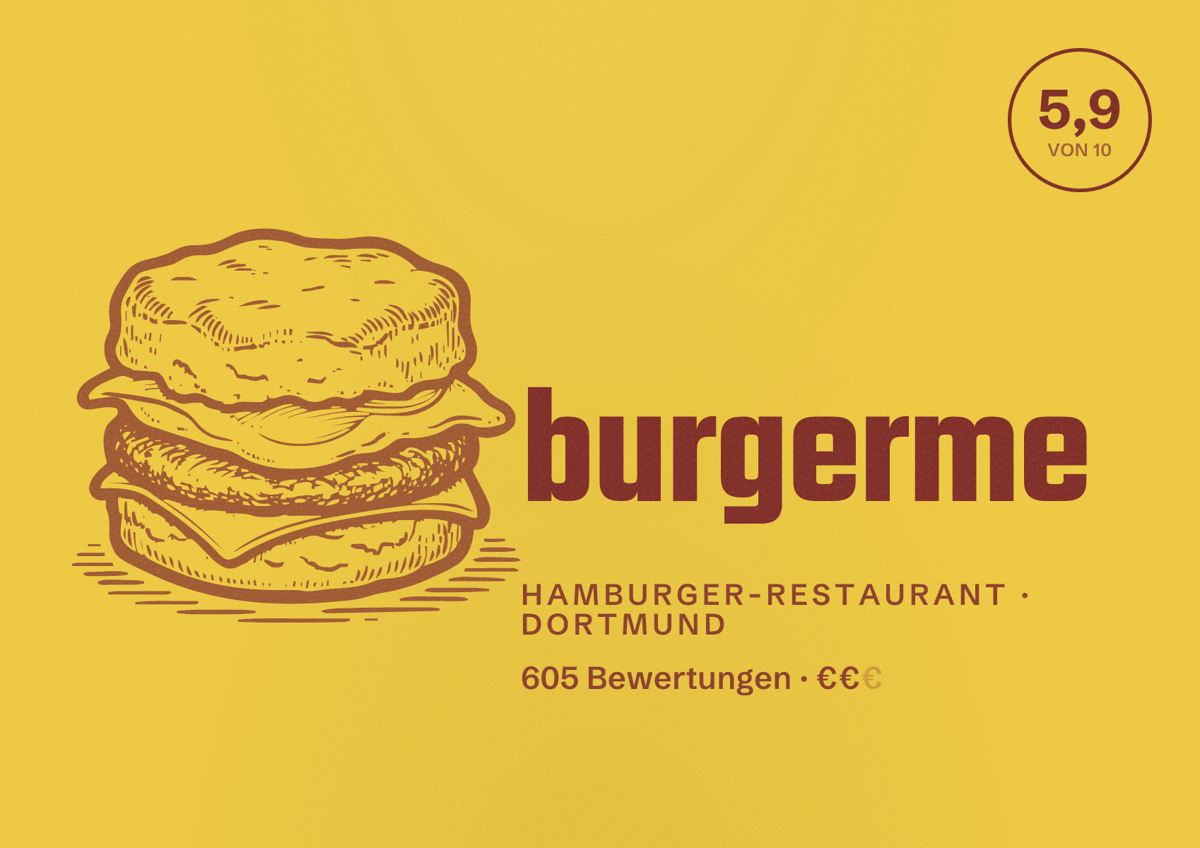 Illustriertes Poster von burgerme, Hamburger-Restaurant in Dortmund: Bewertung 5,9 von 10 aus 605 Bewertungen, Preisniveau €€