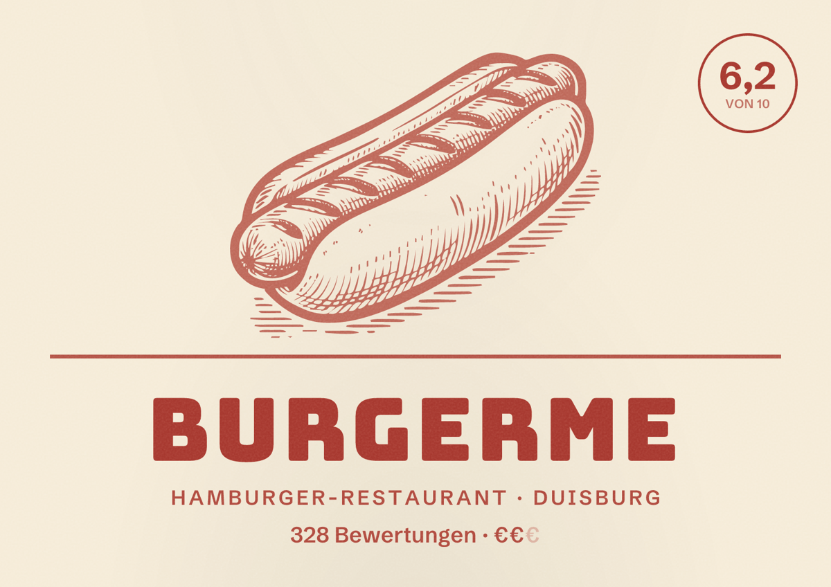 Illustriertes Poster von burgerme, Hamburger-Restaurant in Duisburg: Bewertung 6,2 von 10 aus 328 Bewertungen, Preisniveau €€