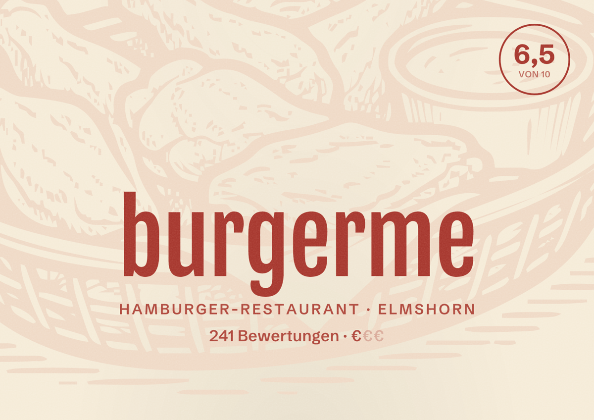Illustriertes Poster von burgerme, Hamburger-Restaurant in Elmshorn: Bewertung 6,5 von 10 aus 241 Bewertungen, Preisniveau €