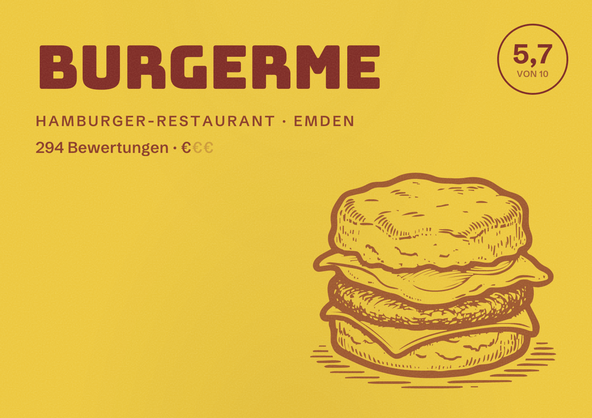 Illustriertes Poster von burgerme, Hamburger-Restaurant in Emden: Bewertung 5,7 von 10 aus 294 Bewertungen, Preisniveau €