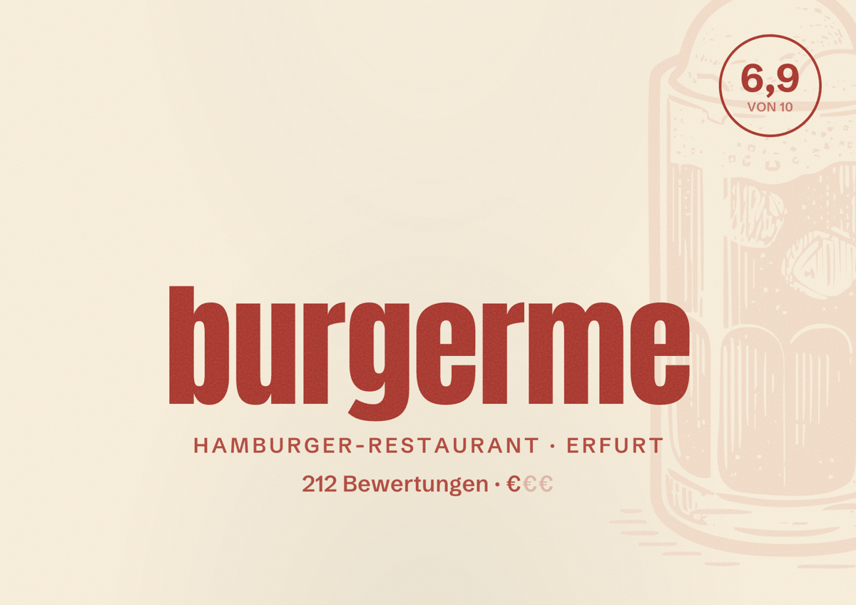 Illustriertes Poster von burgerme, Hamburger-Restaurant in Erfurt: Bewertung 6,9 von 10 aus 212 Bewertungen, Preisniveau €