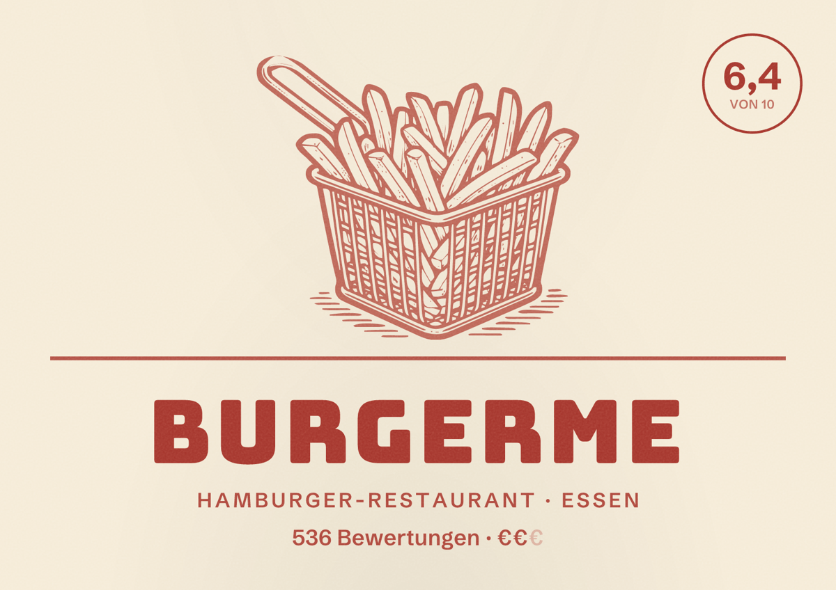 Illustriertes Poster von burgerme, Hamburger-Restaurant in Essen: Bewertung 6,4 von 10 aus 536 Bewertungen, Preisniveau €€