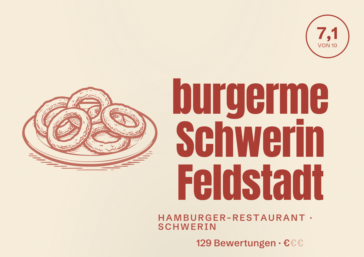 Illustriertes Poster von burgerme Schwerin Feldstadt, Hamburger-Restaurant in Schwerin: Bewertung 7,1 von 10 aus 129 Bewertungen, Preisniveau €