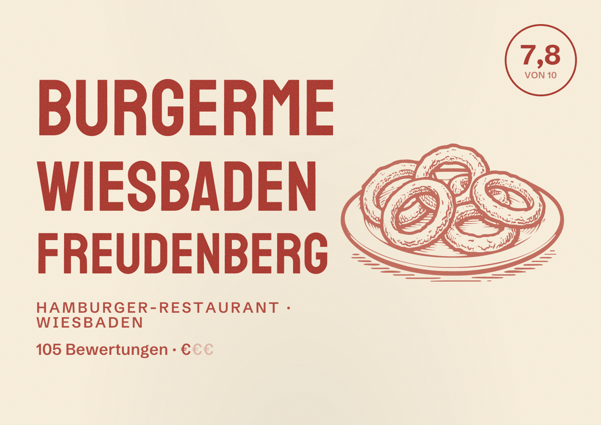 Illustriertes Poster von burgerme Wiesbaden Freudenberg, Hamburger-Restaurant in Wiesbaden: Bewertung 7,8 von 10 aus 105 Bewertungen, Preisniveau €