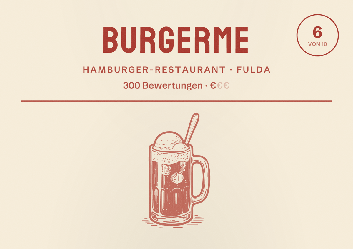 Illustriertes Poster von burgerme, Hamburger-Restaurant in Fulda: Bewertung 6 von 10 aus 300 Bewertungen, Preisniveau €