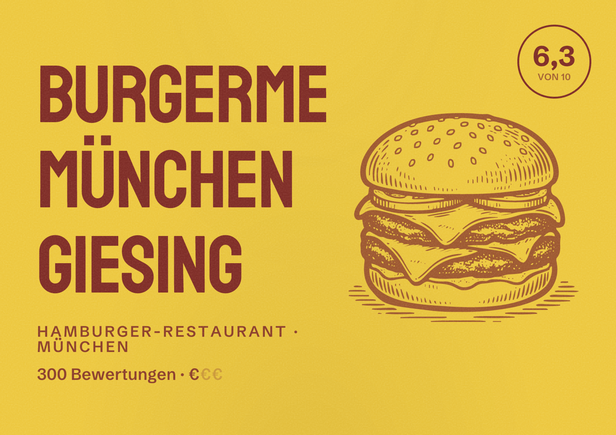 Illustriertes Poster von burgerme München Giesing, Hamburger-Restaurant in München: Bewertung 6,3 von 10 aus 300 Bewertungen, Preisniveau €