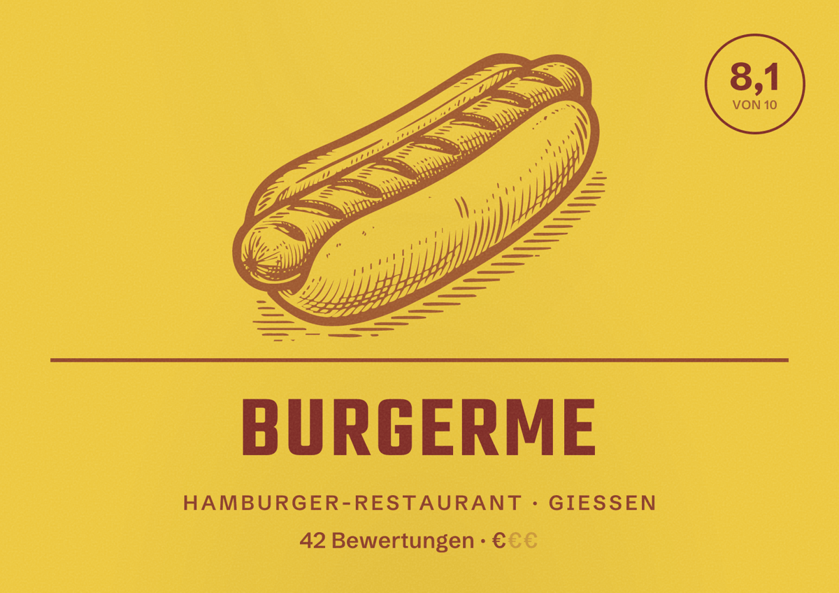Illustriertes Poster von burgerme, Hamburger-Restaurant in Gießen: Bewertung 8,1 von 10 aus 42 Bewertungen, Preisniveau €