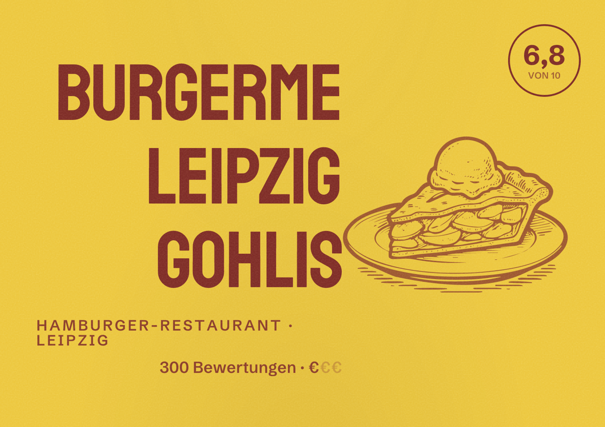 Illustriertes Poster von burgerme Leipzig Gohlis, Hamburger-Restaurant in Leipzig: Bewertung 6,8 von 10 aus 300 Bewertungen, Preisniveau €