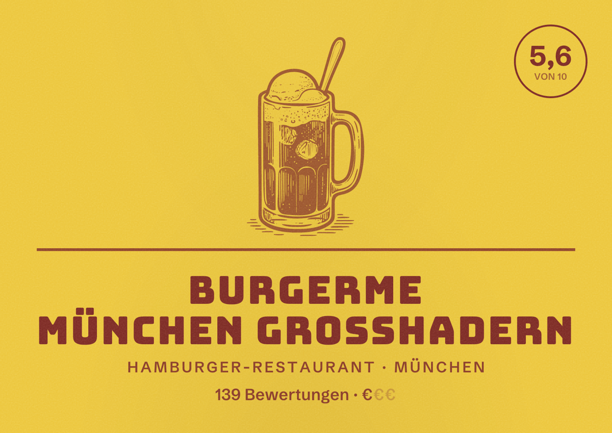 Illustriertes Poster von burgerme München Großhadern, Hamburger-Restaurant in München: Bewertung 5,6 von 10 aus 139 Bewertungen, Preisniveau €