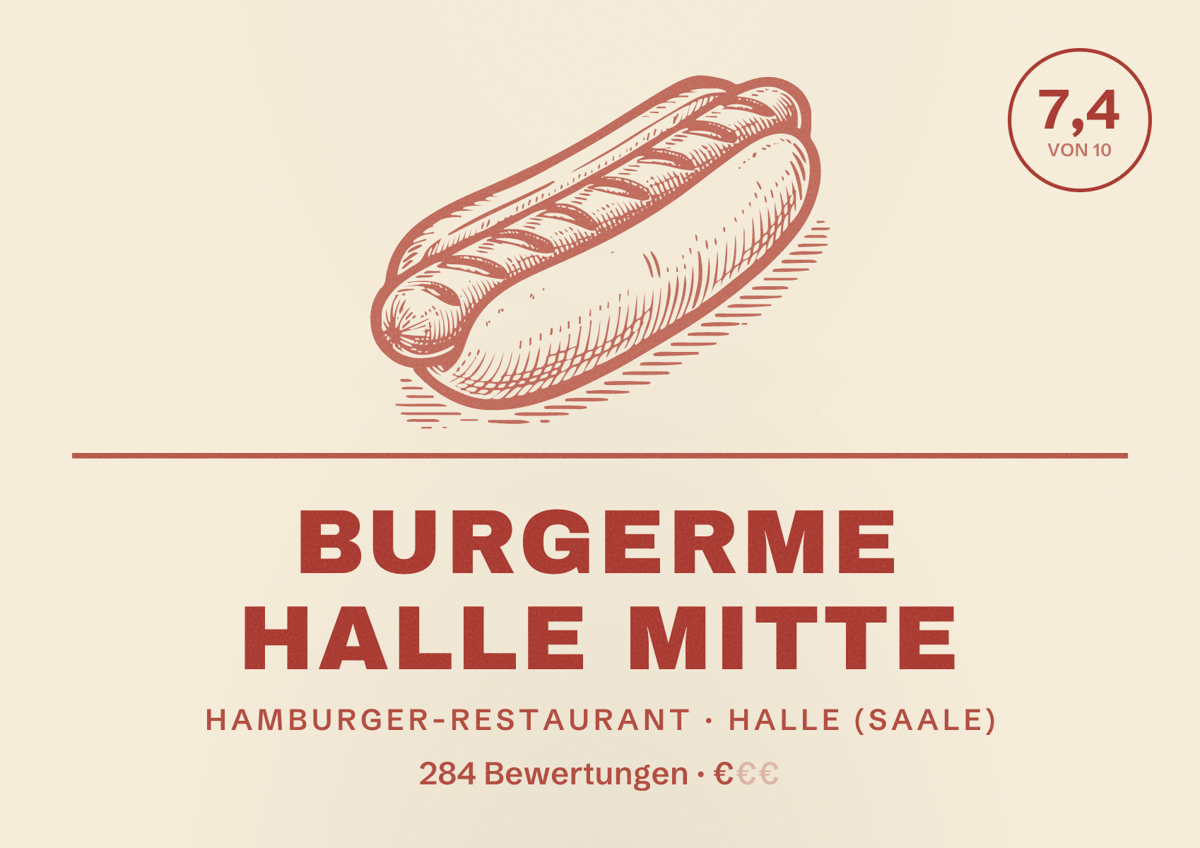 Illustriertes Poster von burgerme Halle Mitte, Hamburger-Restaurant in Halle (Saale): Bewertung 7,4 von 10 aus 284 Bewertungen, Preisniveau €