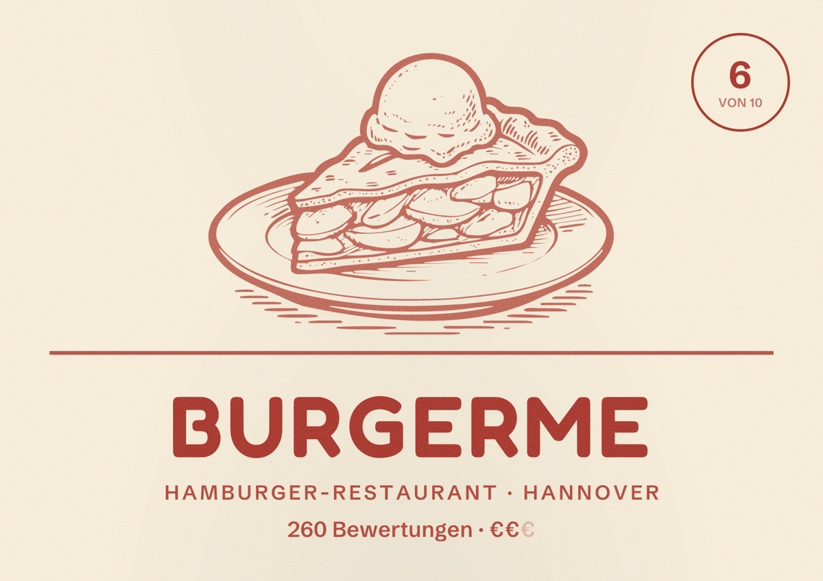Illustriertes Poster von burgerme, Hamburger-Restaurant in Hannover: Bewertung 6,0 von 10 aus 260 Bewertungen, Preisniveau €€