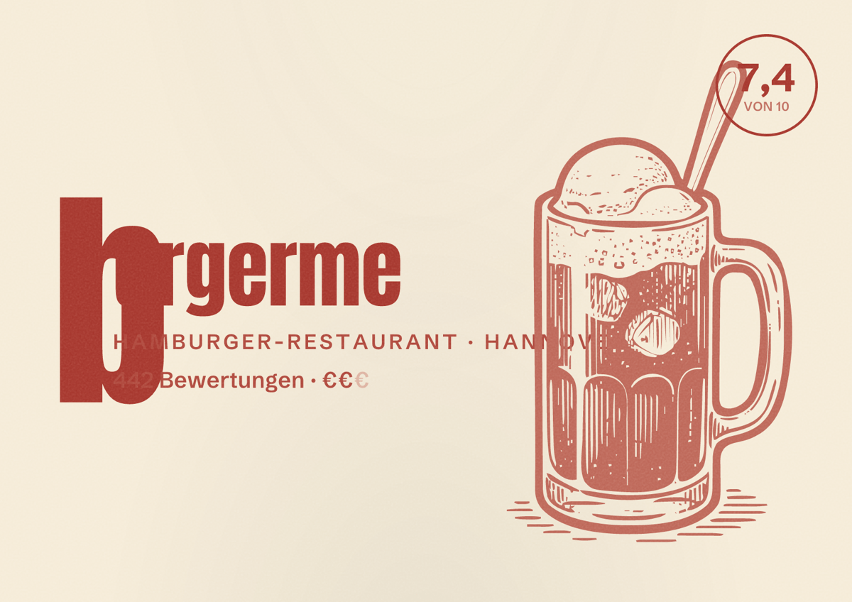 Illustriertes Poster von burgerme, Hamburger-Restaurant in Hannover: Bewertung 7,4 von 10 aus 442 Bewertungen, Preisniveau €€