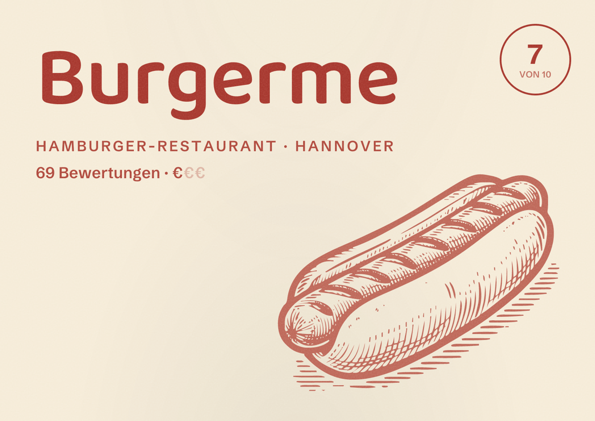 Illustriertes Poster von Burgerme, Hamburger-Restaurant in Hannover: Bewertung 7 von 10 aus 69 Bewertungen, Preisniveau €