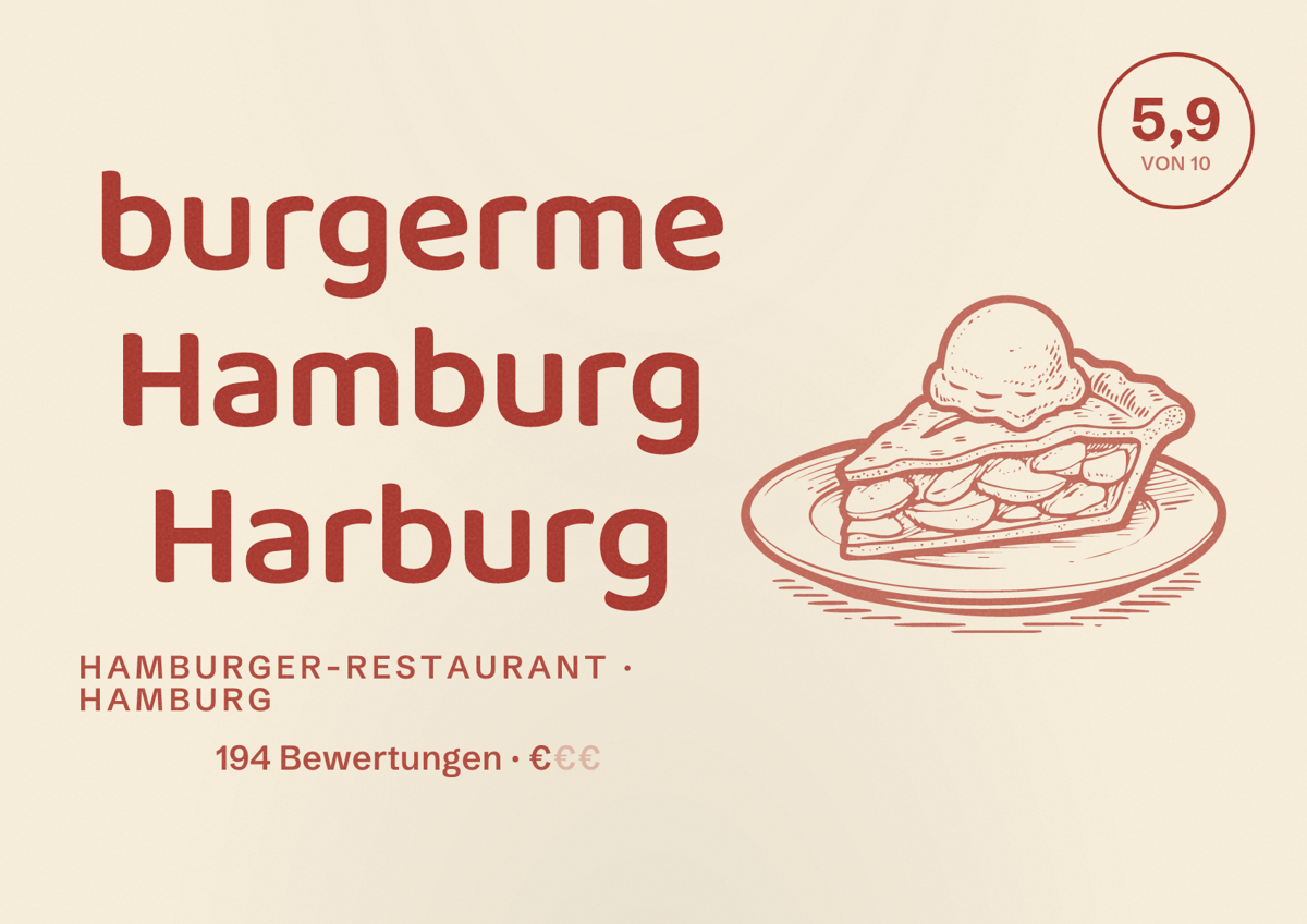 Illustriertes Poster von burgerme Hamburg Harburg, Hamburger-Restaurant in Hamburg: Bewertung 5,9 von 10 aus 194 Bewertungen, Preisniveau €