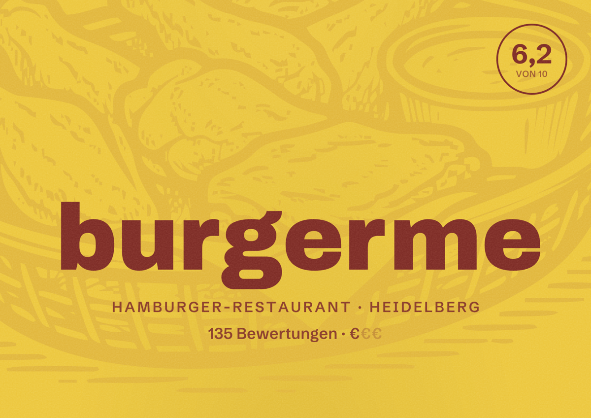Illustriertes Poster von burgerme, Hamburger-Restaurant in Heidelberg: Bewertung 6,2 von 10 aus 135 Bewertungen, Preisniveau €