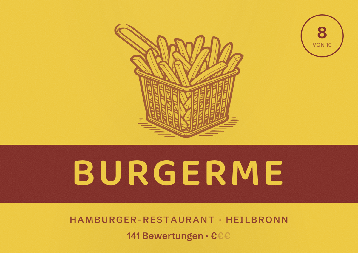 Illustriertes Poster von burgerme, Hamburger-Restaurant in Heilbronn: Bewertung 8 von 10 aus 141 Bewertungen, Preisniveau €