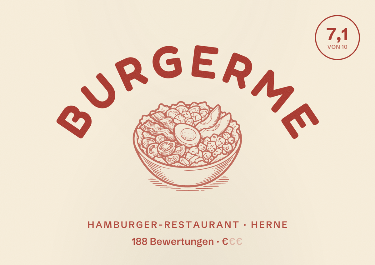 Illustriertes Poster von burgerme, Hamburger-Restaurant in Herne: Bewertung 7,1 von 10 aus 188 Bewertungen, Preisniveau €
