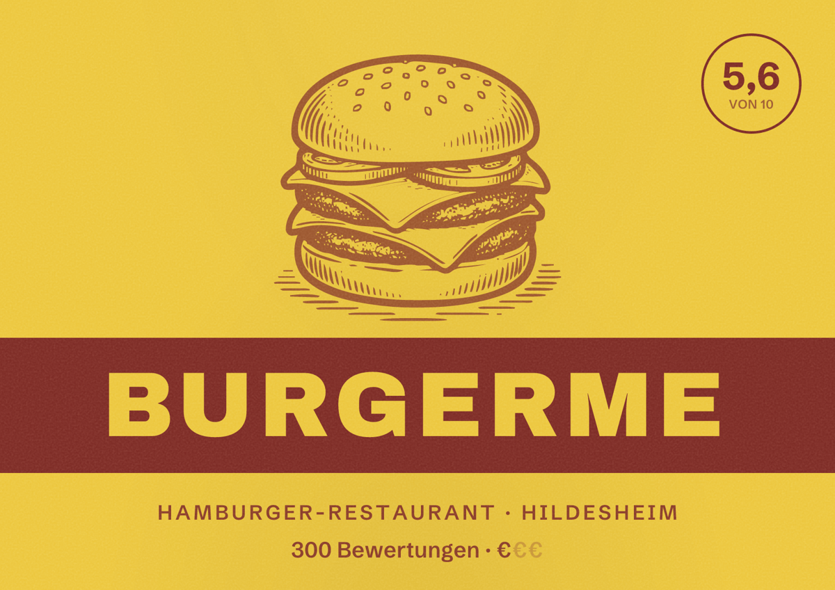 Illustriertes Poster von burgerme, Hamburger-Restaurant in Hildesheim: Bewertung 5,6 von 10 aus 300 Bewertungen, Preisniveau €