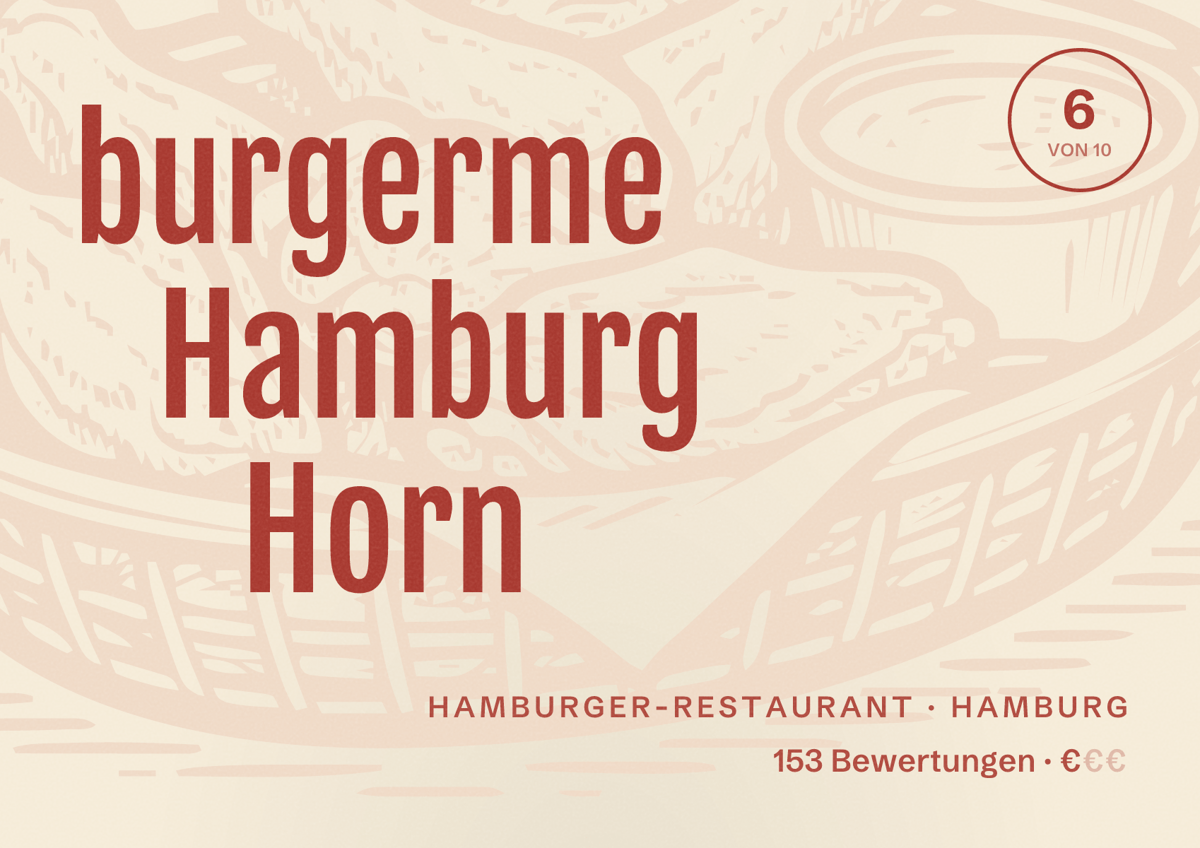 Illustriertes Poster von burgerme Hamburg Horn, Hamburger-Restaurant in Hamburg: Bewertung 6,0 von 10 aus 153 Bewertungen, Preisniveau €