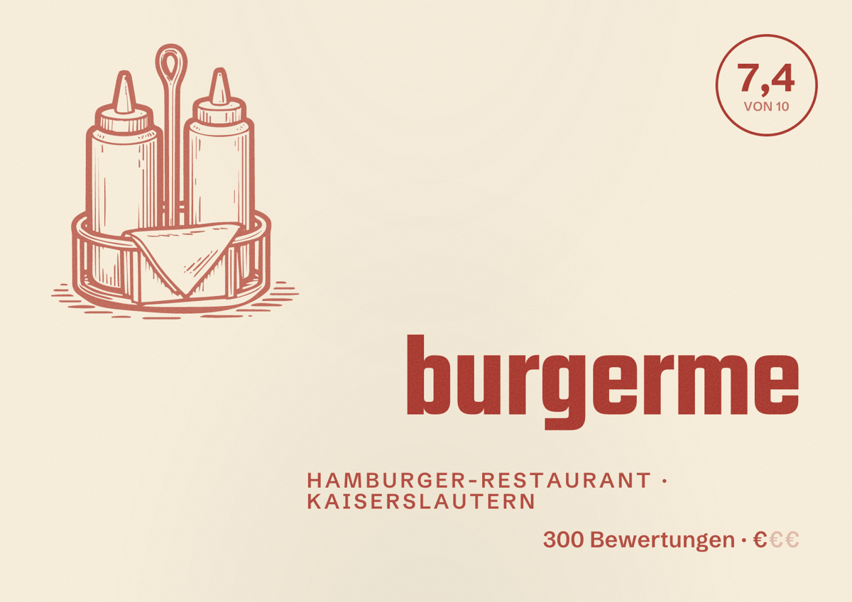 Illustriertes Poster von burgerme, Hamburger-Restaurant in Kaiserslautern: Bewertung 7,4 von 10 aus 300 Bewertungen, Preisniveau €