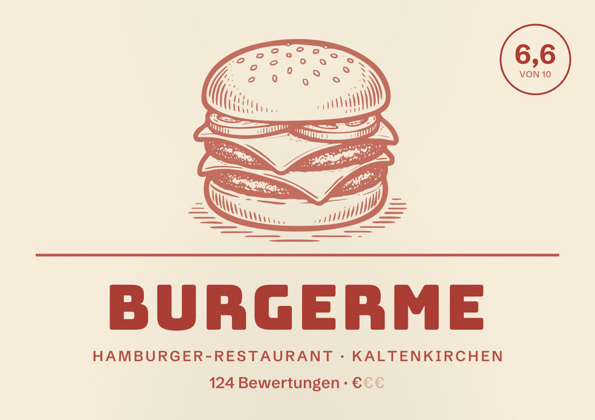 Illustriertes Poster von burgerme, Hamburger-Restaurant in Kaltenkirchen: Bewertung 6,6 von 10 aus 124 Bewertungen, Preisniveau €