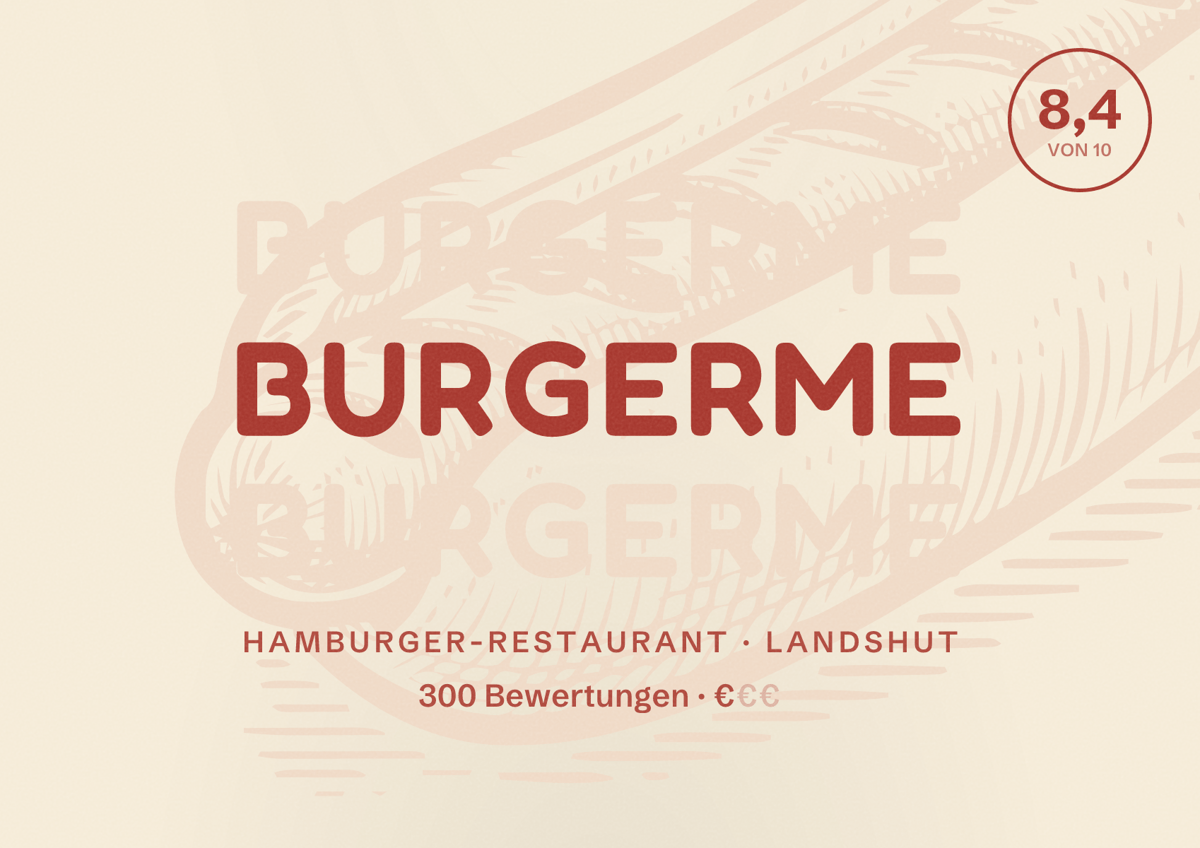 Illustriertes Poster von burgerme, Hamburger-Restaurant in Landshut: Bewertung 8,4 von 10 aus 300 Bewertungen, Preisniveau €