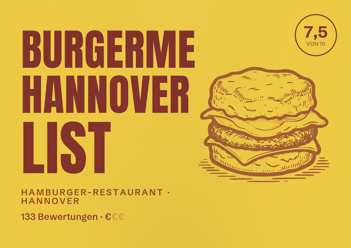 Illustriertes Poster von burgerme Hannover List, Hamburger-Restaurant in Hannover: Bewertung 7,5 von 10 aus 133 Bewertungen, Preisniveau €