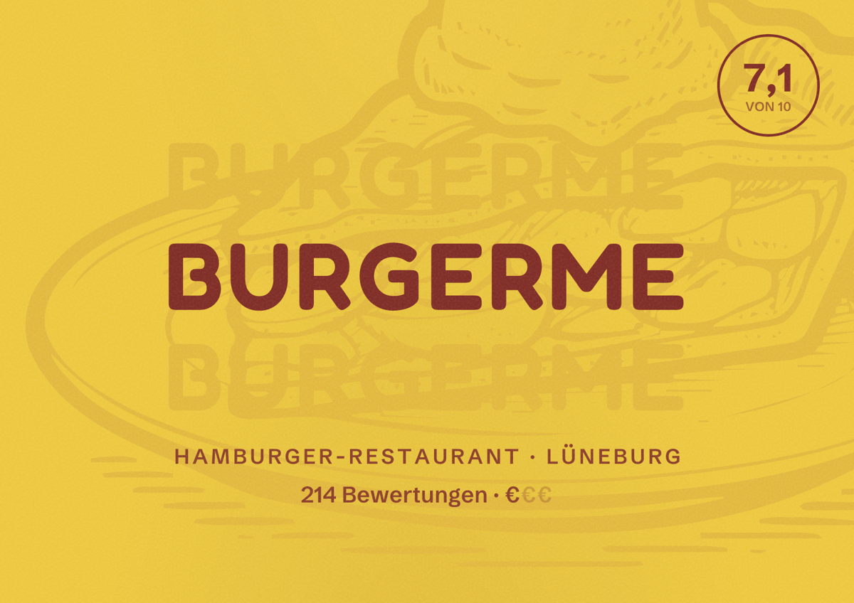 Illustriertes Poster von burgerme, Hamburger-Restaurant in Lüneburg: Bewertung 7,1 von 10 aus 214 Bewertungen, Preisniveau €