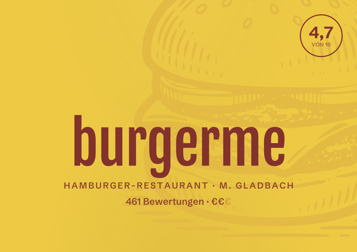 Illustriertes Poster von burgerme, Hamburger-Restaurant in M. Gladbach: Bewertung 4,7 von 10 aus 461 Bewertungen, Preisniveau €€