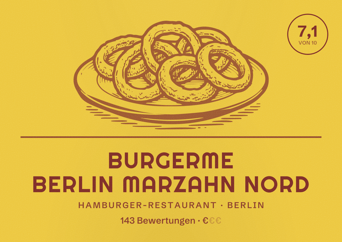 Illustriertes Poster von burgerme Berlin Marzahn Nord, Hamburger-Restaurant in Berlin: Bewertung 7,1 von 10 aus 143 Bewertungen, Preisniveau €