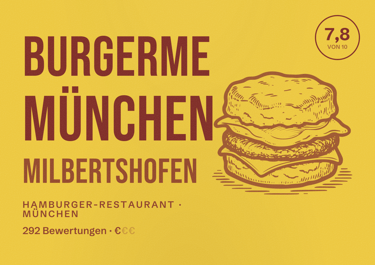 Illustriertes Poster von burgerme München Milbertshofen, Hamburger-Restaurant in München: Bewertung 7,8 von 10 aus 292 Bewertungen, Preisniveau €