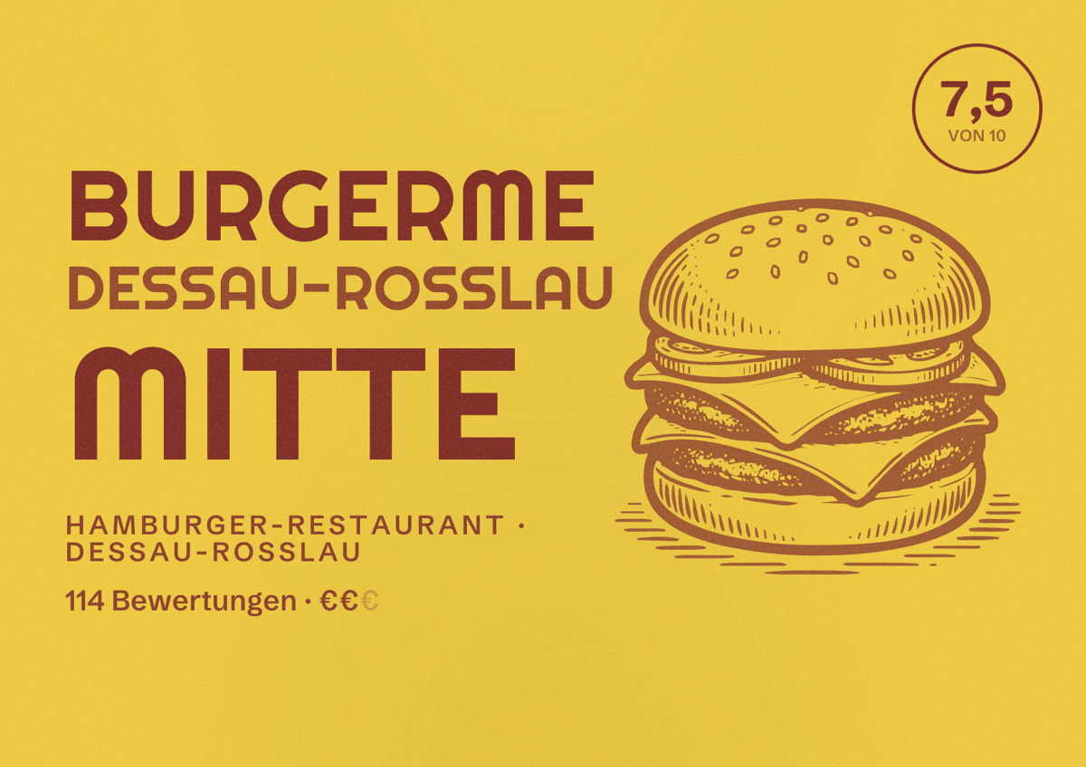 Illustriertes Poster von burgerme Dessau-Roßlau Mitte, Hamburger-Restaurant in Dessau-Roßlau: Bewertung 7,5 von 10 aus 114 Bewertungen, Preisniveau €€