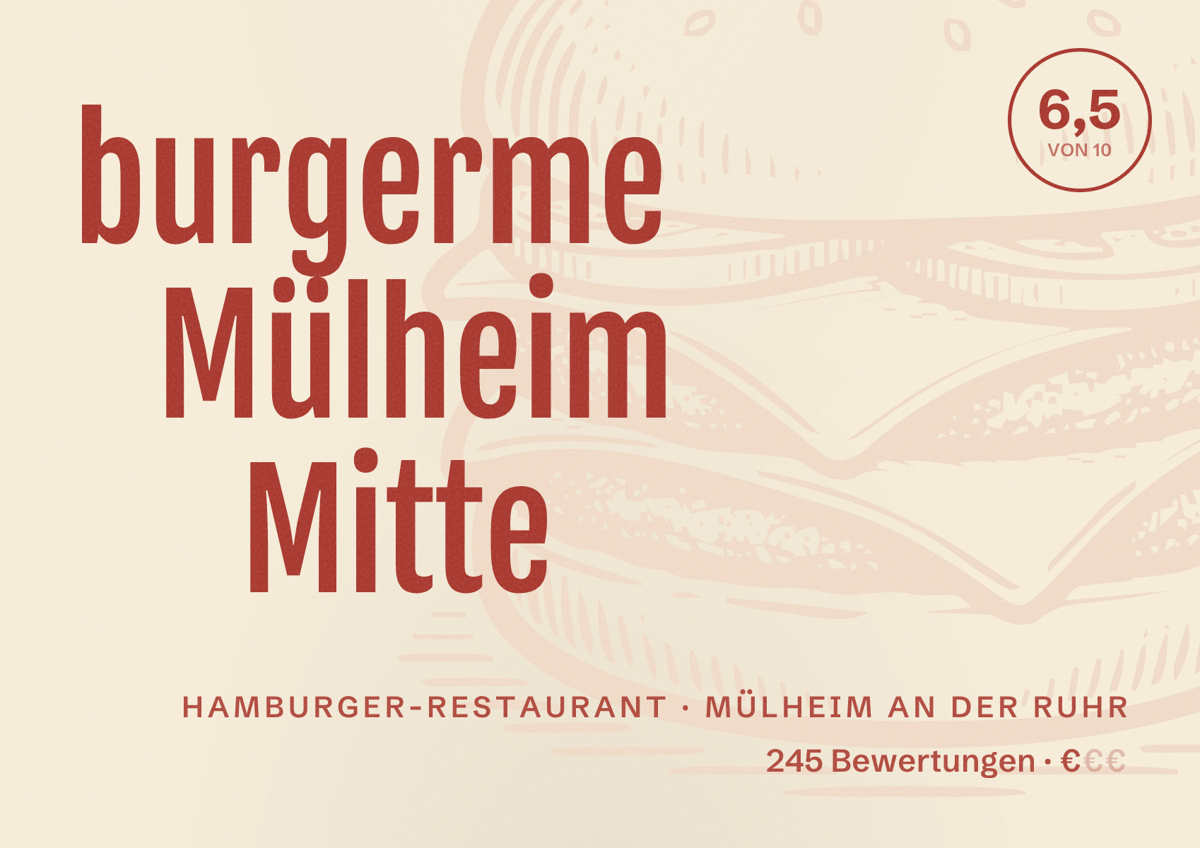 Illustriertes Poster von burgerme Mülheim Mitte, Hamburger-Restaurant in Mülheim an der Ruhr: Bewertung 6,5 von 10 aus 245 Bewertungen, Preisniveau €