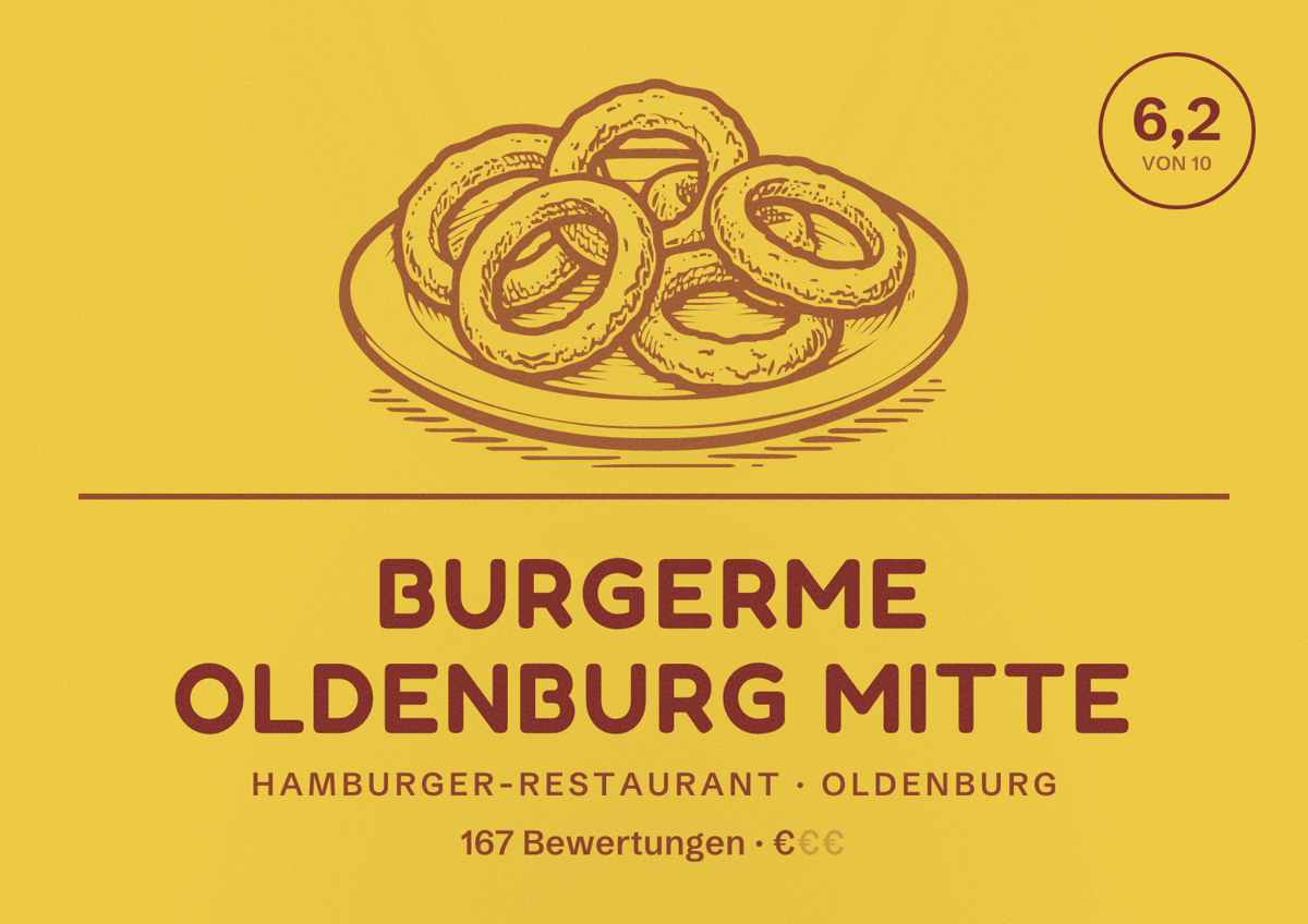 Illustriertes Poster von burgerme Oldenburg Mitte, Hamburger-Restaurant in Oldenburg: Bewertung 6,2 von 10 aus 167 Bewertungen, Preisniveau €