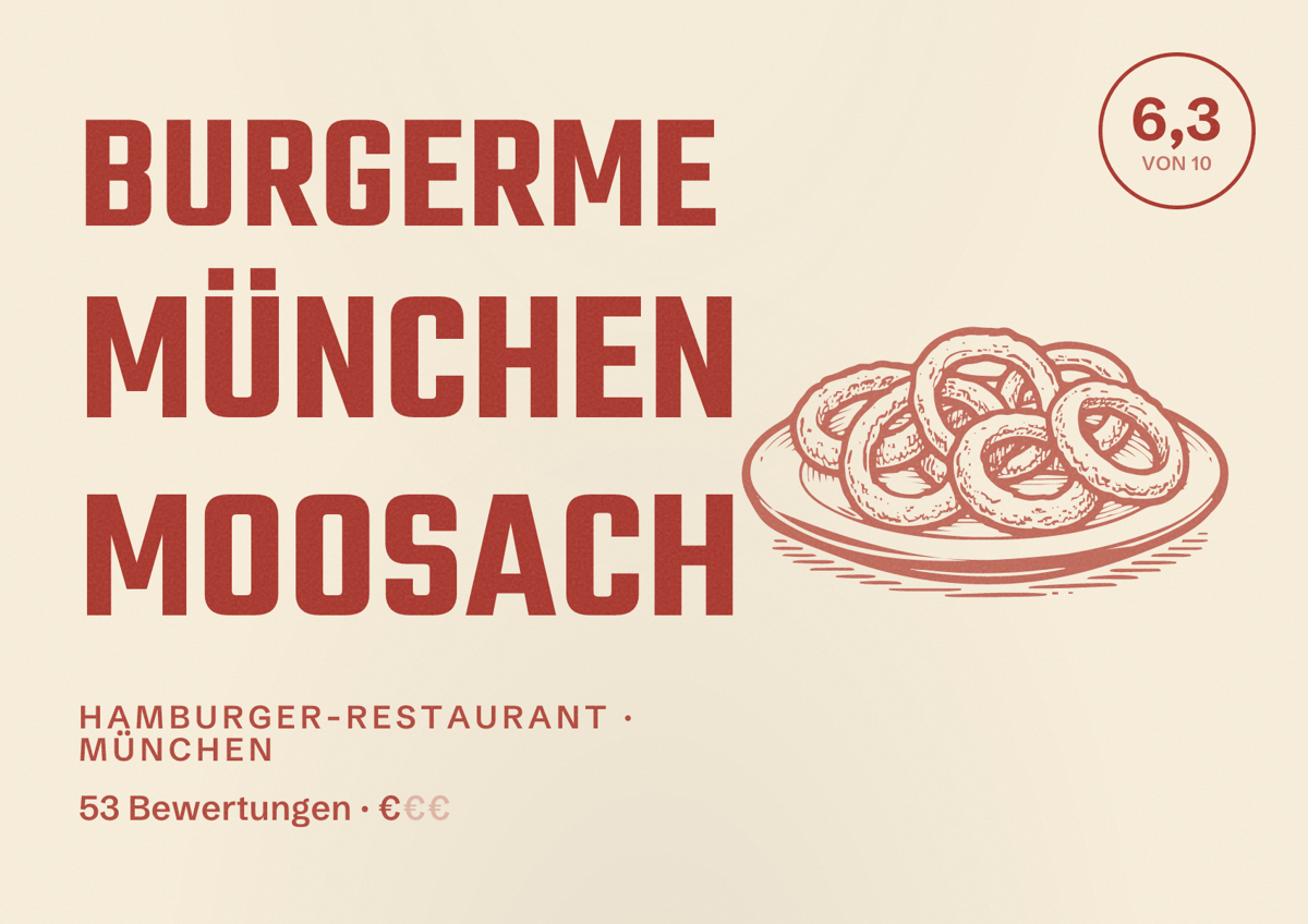Illustriertes Poster von burgerme München Moosach, Hamburger-Restaurant in München: Bewertung 6,3 von 10 aus 53 Bewertungen, Preisniveau €