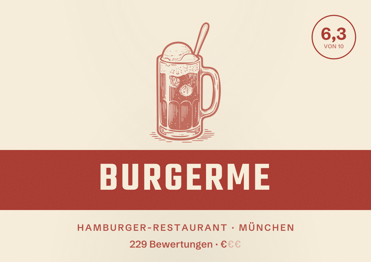 Illustriertes Poster von Burgerme, Hamburger-Restaurant in München: Bewertung 6,3 von 10 aus 229 Bewertungen, Preisniveau €