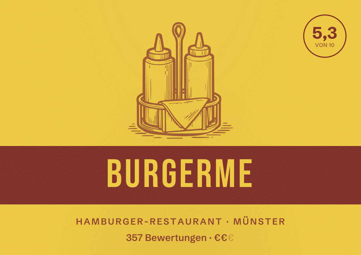 Illustriertes Poster von burgerme, Hamburger-Restaurant in Münster: Bewertung 5,3 von 10 aus 357 Bewertungen, Preisniveau €€