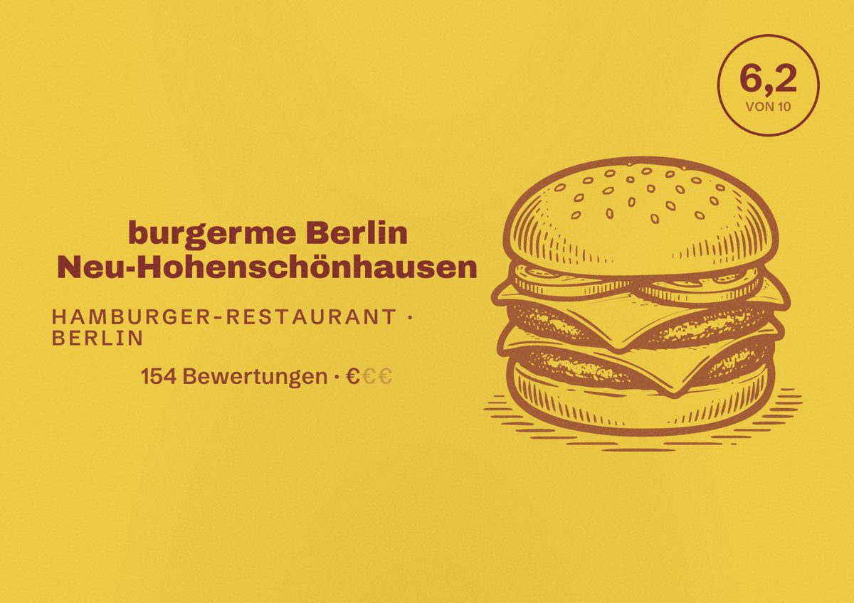 Illustriertes Poster von burgerme Berlin Neu-Hohenschönhausen, Hamburger-Restaurant in Berlin: Bewertung 6,2 von 10 aus 154 Bewertungen, Preisniveau €